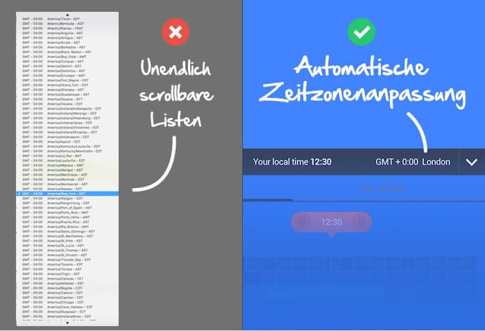 Vergleich der Zeitzonen-Checker für das Forex-Timing-Tool mit einer langen scrollbaren Liste auf der linken und automatischen Zeitzonenanpassung auf der rechten Seite