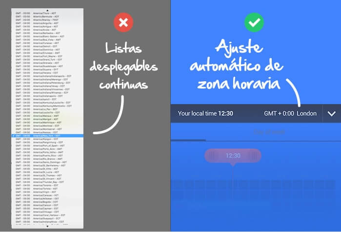 Comparación de comprobador de zona horaria para la herramienta de tiempos de fórex con una larga lista desplegable a la izquierda y un ajuste automático de zona horaria a la derecha