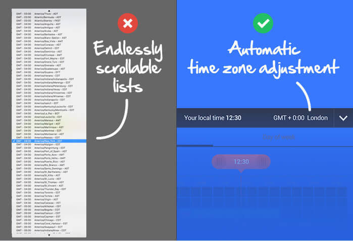 Comparison of time zone checker for the forex timing tool with a long scrollable list on the left and automatic time zone adjustment on the right